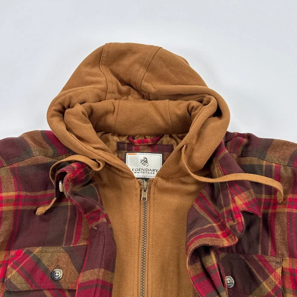 Legendary Whitetails Mens Shirt Jacket XL Red Plaid Maplewood Hooded Flannel